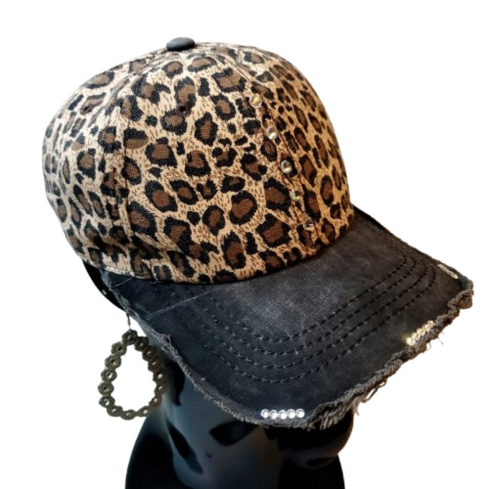 Leopard Distressed Baseball Cap with Adj. Strap & Swarovski Crystals - Picture 4 of 5